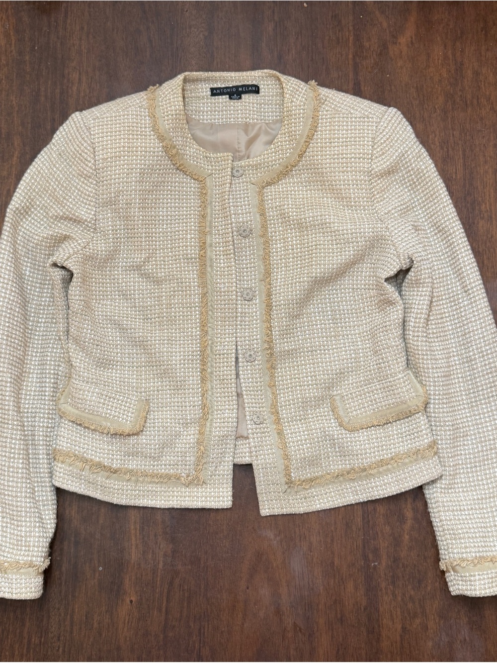ANTONIO MELANI Cream Tweed Fringe Trim Cropped Jacket Blazer Size 6